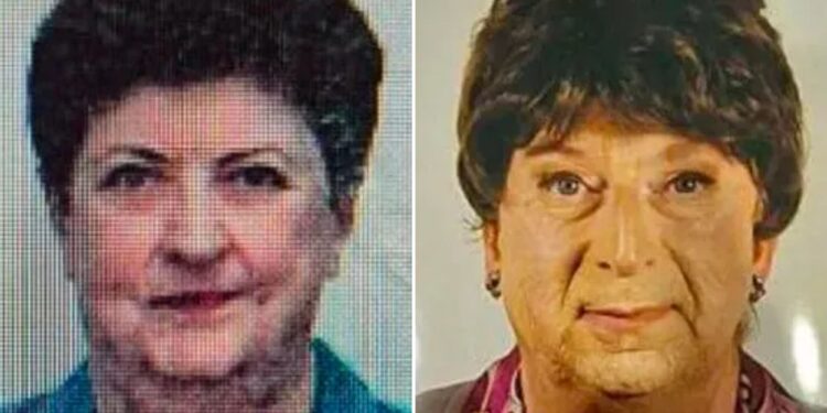 Un collage de imágenes que contiene 2 imágenes. La imagen 1 muestra a Graziella Dall'Oglio, la imagen 2 muestra al hijo de Graziella Dall'Oglio vestido como su madre muerta.