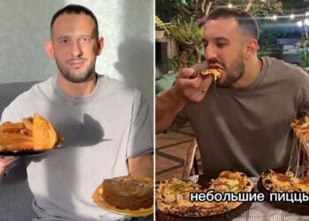 Un collage de imágenes que contiene 2 imágenes. La imagen 1 muestra a un hombre sosteniendo un plato de pasteles en una mano y un pastel de chocolate en la otra, con el texto "dieta de 10.000 calorías" En la pantalla, la Imagen 2 muestra a Dmitry Nuyanzin comiendo pizza, con dos pizzas en la mesa, para ganar peso para un programa de pérdida de peso.
