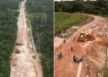 Un collage de imágenes que contiene 2 imágenes. La imagen 1 muestra una vista aérea de una amplia carretera de tierra que atraviesa una densa selva tropical con líneas eléctricas paralelas. La imagen 2 muestra a los trabajadores construyendo una avenida llamada Liberdade, o Libertad, antes de la Cumbre del Clima de la ONU COP30 en Belem, Brasil.