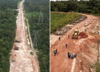 Un collage de imágenes que contiene 2 imágenes. La imagen 1 muestra una vista aérea de una amplia carretera de tierra que atraviesa una densa selva tropical con líneas eléctricas paralelas. La imagen 2 muestra a los trabajadores construyendo una avenida llamada Liberdade, o Libertad, antes de la Cumbre del Clima de la ONU COP30 en Belem, Brasil.