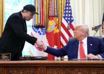 El director ejecutivo de Tesla, Elon Musk, le da la mano al presidente Donald Trump en la Oficina Oval el 30 de mayo de 2025. (Kevin Dietsch/Getty Images)