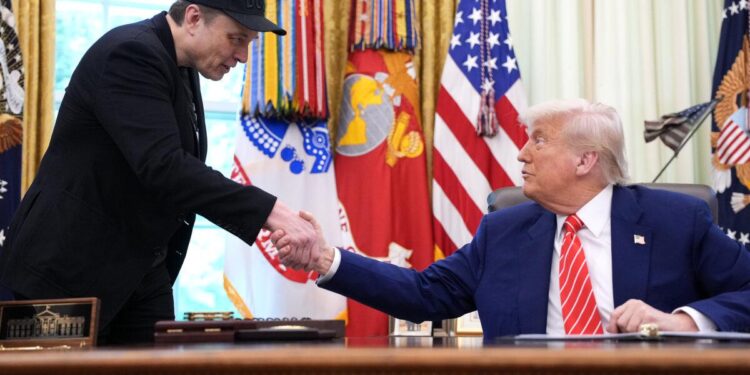 El director ejecutivo de Tesla, Elon Musk, le da la mano al presidente Donald Trump en la Oficina Oval el 30 de mayo de 2025. (Kevin Dietsch/Getty Images)