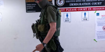 Agentes federales, incluidos miembros de ICE, patrullan los pasillos del tribunal de inmigración en la ciudad de Nueva York.
