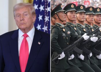 Un collage de imágenes que contiene 2 imágenes. La imagen 1 muestra que el presidente Trump firma la orden ejecutiva sobre "Fomentando el futuro"La imagen 2 muestra que China presenta nuevas armas en el desfile del Día de la Victoria.
