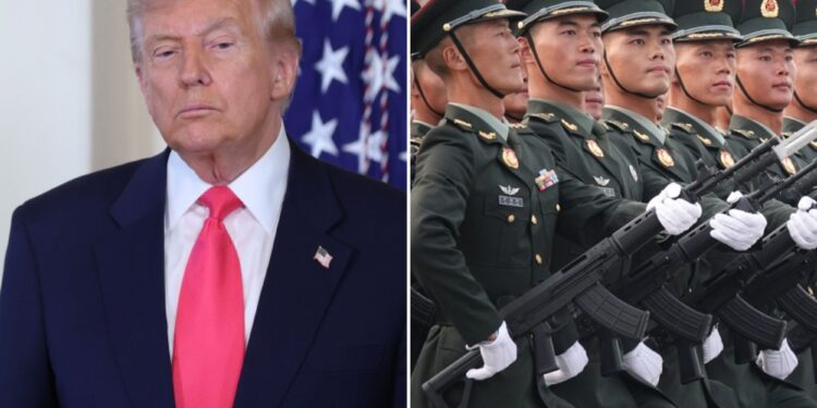 Un collage de imágenes que contiene 2 imágenes. La imagen 1 muestra que el presidente Trump firma la orden ejecutiva sobre "Fomentando el futuro"La imagen 2 muestra que China presenta nuevas armas en el desfile del Día de la Victoria.