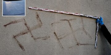 Un collage de imágenes que contiene 2 imágenes, la Imagen 1 muestra las esvásticas de Alemania, la Imagen 2 muestra las esvásticas de Alemania