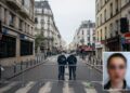 Un collage de imágenes que contiene 2 imágenes. La imagen 1 muestra policías vigilando las calles cerca de la sala de conciertos Bataclan en París después de una serie de ataques. La imagen 2 muestra una foto borrosa de la ex del terrorista ISIS de Bataclan.