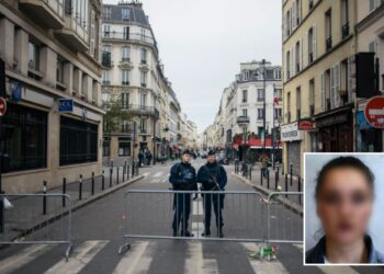 Un collage de imágenes que contiene 2 imágenes. La imagen 1 muestra policías vigilando las calles cerca de la sala de conciertos Bataclan en París después de una serie de ataques. La imagen 2 muestra una foto borrosa de la ex del terrorista ISIS de Bataclan.