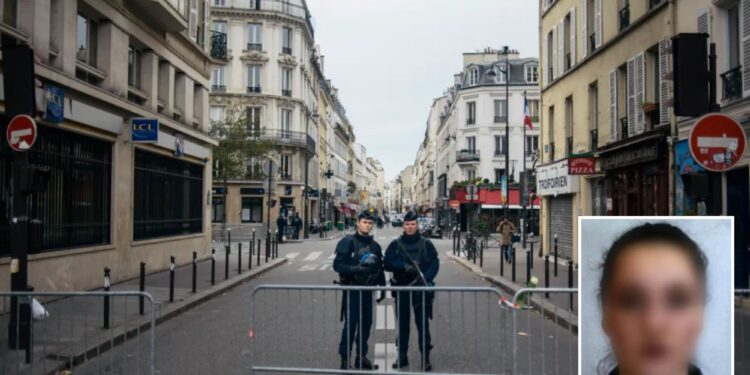 Un collage de imágenes que contiene 2 imágenes. La imagen 1 muestra policías vigilando las calles cerca de la sala de conciertos Bataclan en París después de una serie de ataques. La imagen 2 muestra una foto borrosa de la ex del terrorista ISIS de Bataclan.