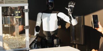 Un robot Tesla Optimus recoge palomitas de maíz y saluda a los asistentes en el restaurante Tesla Diner and Drive-In y Supercharger en Los Ángeles, California, el 21 de julio de 2025. (Patrick T. Fallon/AFP/Getty Images)