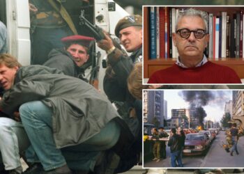 Un collage de imágenes que contiene 3 imágenes. La imagen 1 muestra a YUGOSLAVIA, SOLDADO BOSNIO Y FRANCOTIRADORES SERBIOS. La imagen 2 muestra al periodista y autor italiano Ezio Gavazzeni. La imagen 3 muestra la Guerra de Bosnia-Herzegovina. Bombardeo de Sarajevo, Se