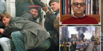 Un collage de imágenes que contiene 3 imágenes. La imagen 1 muestra a YUGOSLAVIA, SOLDADO BOSNIO Y FRANCOTIRADORES SERBIOS. La imagen 2 muestra al periodista y autor italiano Ezio Gavazzeni. La imagen 3 muestra la Guerra de Bosnia-Herzegovina. Bombardeo de Sarajevo, Se