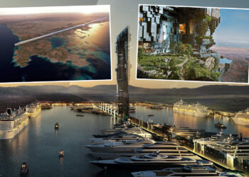 Collage de tres ilustraciones del proyecto Neom de Arabia Saudita, que incluye una vista aérea de una ciudad lineal, un primer plano de un rascacielos con espacios verdes y un puerto deportivo con yates y cruceros de lujo.