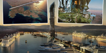 Collage de tres ilustraciones del proyecto Neom de Arabia Saudita, que incluye una vista aérea de una ciudad lineal, un primer plano de un rascacielos con espacios verdes y un puerto deportivo con yates y cruceros de lujo.