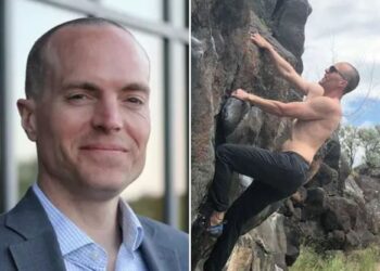 Un collage de imágenes que contiene 2 imágenes. La imagen 1 muestra a un hombre con una chaqueta de traje azul y una camisa a cuadros azul claro sonriendo. La imagen 2 muestra a un hombre sin camisa con gafas de sol y pantalones oscuros haciendo boulder en una pared de roca.