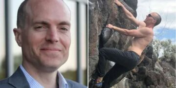 Un collage de imágenes que contiene 2 imágenes. La imagen 1 muestra a un hombre con una chaqueta de traje azul y una camisa a cuadros azul claro sonriendo. La imagen 2 muestra a un hombre sin camisa con gafas de sol y pantalones oscuros haciendo boulder en una pared de roca.