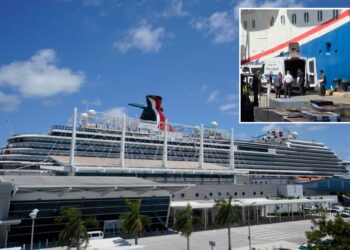 Un collage de imágenes que contiene 2 imágenes. La imagen 1 muestra el crucero Carnival Horizon atracado en PortMiami. La imagen 2 muestra NINTCHDBPICT001037339651.