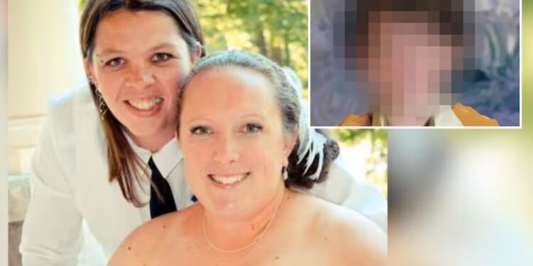 Un collage de imágenes que contiene 2 imágenes. La imagen 1 muestra una foto sonriente de dos mujeres, una con una camisa blanca y corbata negra y la otra con un vestido blanco sin tirantes. La imagen 2 muestra una imagen pixelada de un niño con una camisa amarilla y un chaleco naranja con flores azules bordadas.