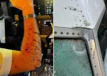 Un collage de imágenes que contiene 2 imágenes. La imagen 1 muestra el brazo de un piloto cubierto de manchas rojas, posiblemente sangre o sarpullido, en una cabina. La imagen 2 muestra daños a un avión, incluido un parabrisas destrozado y abolladuras en el cuerpo del avión.