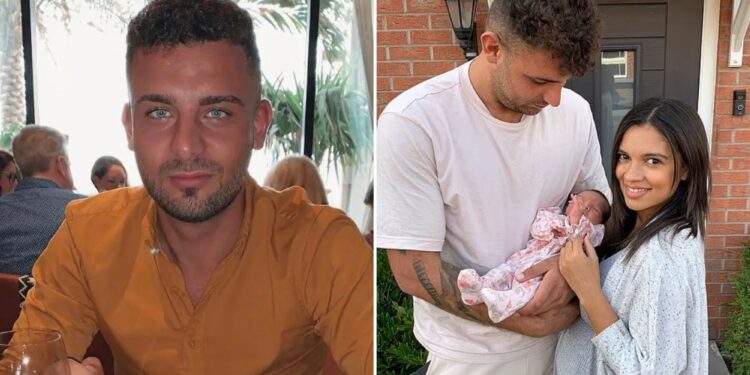 Un collage de imágenes que contiene 2 imágenes. La imagen 1 muestra a Ali Watson, un esquiador acuático, sentado en una mesa en un restaurante. La imagen 2 muestra a una pareja sosteniendo a su bebé recién nacido afuera de una casa de ladrillos.