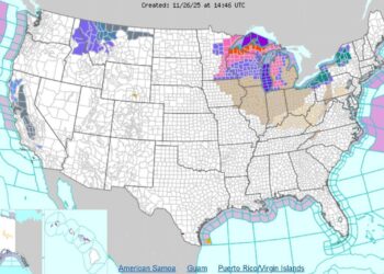Mapa de pronóstico del tiempo nacional de EE. UU. para el 26 de noviembre de 2025. (Servicio Meteorológico Nacional de EE. UU. a través de The Epoch Times)