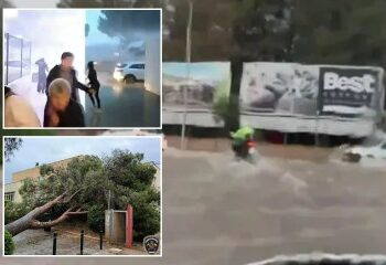 Un lugar de vacaciones azotado por la tormenta se ve afectado por inundaciones mientras un video dramático muestra que el diluvio convierte las calles en ríos y los automóviles se sumergen