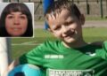 Un collage de imágenes que contiene 2 imágenes. La imagen 1 muestra a Giovanni, un niño de nueve años, con una camiseta de fútbol verde sosteniendo un balón de fútbol azul. La imagen 2 muestra a Olena Stasiuk, una mujer ucraniana de 55 años con cabello oscuro y flequillo, mira directamente a la cámara.
