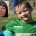 Un collage de imágenes que contiene 2 imágenes. La imagen 1 muestra a Giovanni, un niño de nueve años, con una camiseta de fútbol verde sosteniendo un balón de fútbol azul. La imagen 2 muestra a Olena Stasiuk, una mujer ucraniana de 55 años con cabello oscuro y flequillo, mira directamente a la cámara.