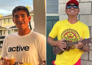 Un collage de imágenes que contiene 2 imágenes. La imagen 1 muestra a Chance Swanson, un salvavidas que sobrevivió a un ataque de tiburón, sonriendo mientras sostiene un vaso. La imagen 2 muestra a Chance Swanson, un salvavidas, sonriendo mientras toca un ukelele.