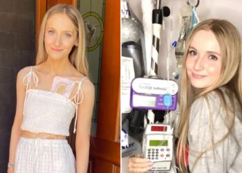 Un collage de imágenes que contiene 2 imágenes. La imagen 1 muestra a una mujer joven con una bomba de insulina y un sitio de infusión en el pecho. La imagen 2 muestra a una mujer joven sonriendo junto a dispositivos médicos, incluidas dos bombas de infusión, conectadas a un portasueros.