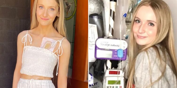 Un collage de imágenes que contiene 2 imágenes. La imagen 1 muestra a una mujer joven con una bomba de insulina y un sitio de infusión en el pecho. La imagen 2 muestra a una mujer joven sonriendo junto a dispositivos médicos, incluidas dos bombas de infusión, conectadas a un portasueros.