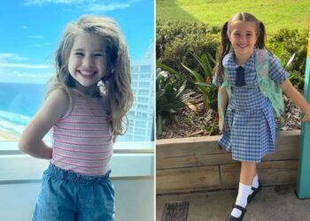 Un collage de imágenes que contiene 2 imágenes. La imagen 1 muestra NINTCHDBPICT001035644250. La imagen 2 muestra a Islah Metcalfe, una niña de cinco años, vestida con un uniforme a cuadros azul y blanco y llevando una mochila azul claro.