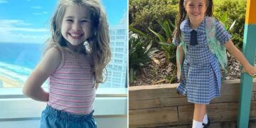 Un collage de imágenes que contiene 2 imágenes. La imagen 1 muestra NINTCHDBPICT001035644250. La imagen 2 muestra a Islah Metcalfe, una niña de cinco años, vestida con un uniforme a cuadros azul y blanco y llevando una mochila azul claro.