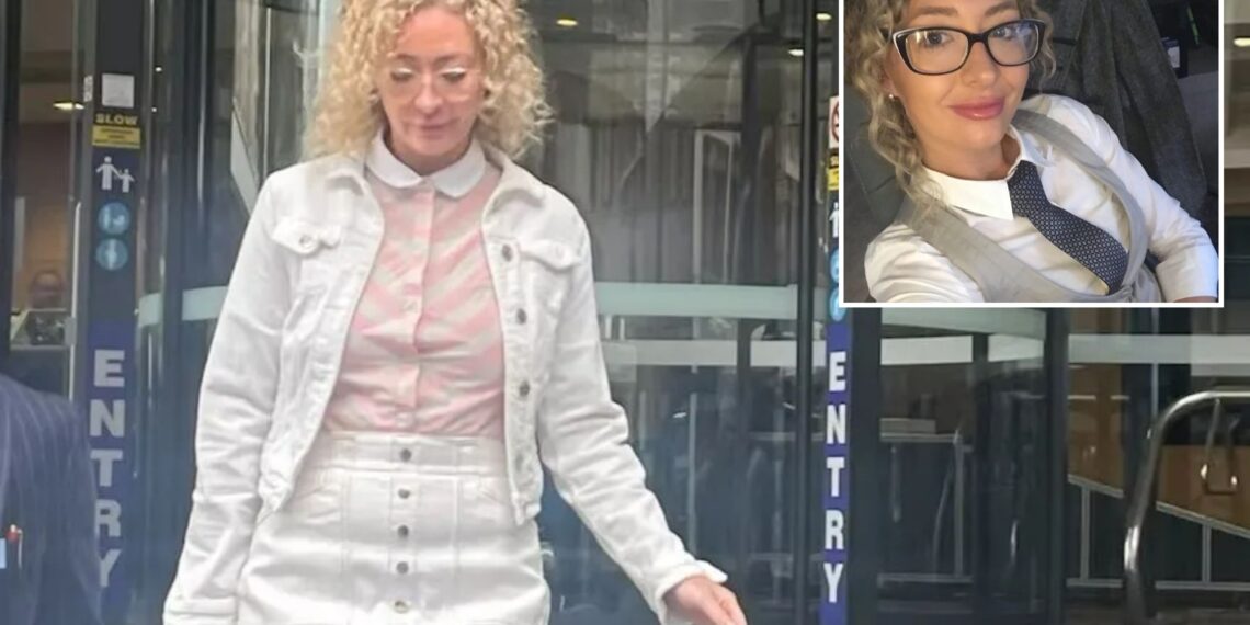 Un collage de imágenes que contiene 2 imágenes. La imagen 1 muestra a Karly Rae afuera del tribunal.