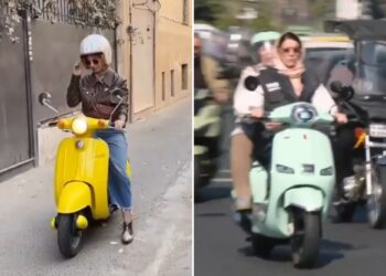 Un collage de imágenes que contiene 2 imágenes. La imagen 1 muestra a una mujer con un casco blanco y gafas de sol en un scooter amarillo. La imagen 2 muestra a dos mujeres iraníes en un scooter verde menta con otros vehículos al fondo.