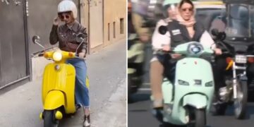Un collage de imágenes que contiene 2 imágenes. La imagen 1 muestra a una mujer con un casco blanco y gafas de sol en un scooter amarillo. La imagen 2 muestra a dos mujeres iraníes en un scooter verde menta con otros vehículos al fondo.