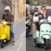 Un collage de imágenes que contiene 2 imágenes. La imagen 1 muestra a una mujer con un casco blanco y gafas de sol en un scooter amarillo. La imagen 2 muestra a dos mujeres iraníes en un scooter verde menta con otros vehículos al fondo.