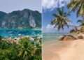 Un collage de imágenes que contiene 2 imágenes. La imagen 1 muestra NINTCHDBPICT001046143656. La imagen 2 muestra la playa Phao, Haad Chao, isla de Koh Phangan, Tailandia.