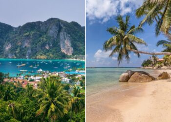 Un collage de imágenes que contiene 2 imágenes. La imagen 1 muestra NINTCHDBPICT001046143656. La imagen 2 muestra la playa Phao, Haad Chao, isla de Koh Phangan, Tailandia.