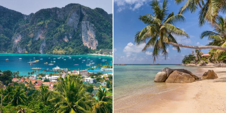 Un collage de imágenes que contiene 2 imágenes. La imagen 1 muestra NINTCHDBPICT001046143656. La imagen 2 muestra la playa Phao, Haad Chao, isla de Koh Phangan, Tailandia.