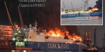 Un collage de imágenes que contiene 2 imágenes. La imagen 1 muestra un barco de carga en llamas en un muelle, con agua rociada desde el lado derecho. La imagen 2 muestra el meme de una gaviota gigante gritando superpuesta a un barco en llamas en un muelle.