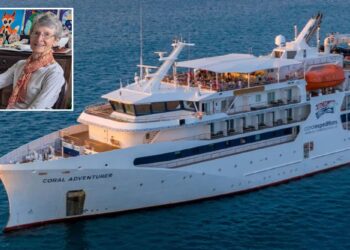 Un collage de imágenes que contiene 2 imágenes. La imagen 1 muestra el crucero Coral Adventurer en el agua. La imagen 2 muestra a Suzanne Rees posando para una fotografía en Australia.