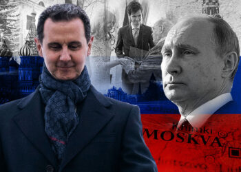 Collage del presidente sirio Bashar al-Assad, el presidente ruso Vladimir Putin, el Kremlin e imágenes de reuniones, contra la bandera rusa.