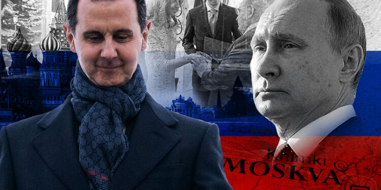 Collage del presidente sirio Bashar al-Assad, el presidente ruso Vladimir Putin, el Kremlin e imágenes de reuniones, contra la bandera rusa.