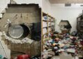 Un collage de imágenes que contiene 2 imágenes. La imagen 1 muestra a Gang realizando un trabajo de banco estilo Hatton Garden perforando una bóveda. La imagen 2 muestra un gran agujero perforado en la pared de una bóveda con escombros esparcidos por el suelo en una sala de almacenamiento.