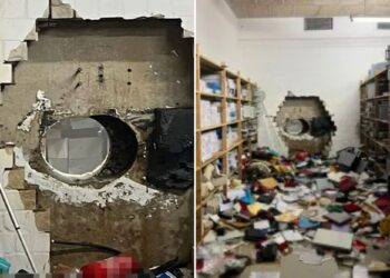 Un collage de imágenes que contiene 2 imágenes. La imagen 1 muestra a Gang realizando un trabajo de banco estilo Hatton Garden perforando una bóveda. La imagen 2 muestra un gran agujero perforado en la pared de una bóveda con escombros esparcidos por el suelo en una sala de almacenamiento.