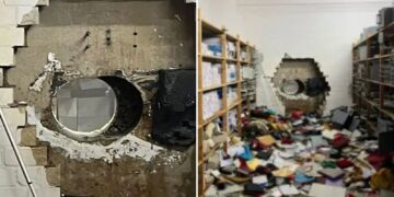 Un collage de imágenes que contiene 2 imágenes. La imagen 1 muestra a Gang realizando un trabajo de banco estilo Hatton Garden perforando una bóveda. La imagen 2 muestra un gran agujero perforado en la pared de una bóveda con escombros esparcidos por el suelo en una sala de almacenamiento.