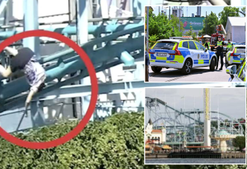 Dos hombres quedaron colgando a 100 pies en el aire después de que una nueva montaña rusa 'inclinable' fallara mientras un pariente frenético llama al 911