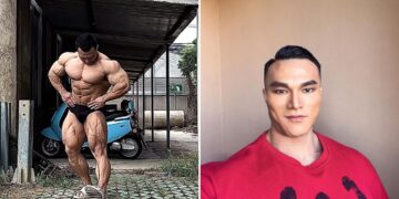 Un collage de imágenes que contiene 2 imágenes. La imagen 1 muestra que un campeón de culturismo cae muerto por un