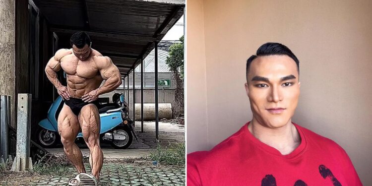 Un collage de imágenes que contiene 2 imágenes. La imagen 1 muestra que un campeón de culturismo cae muerto por un